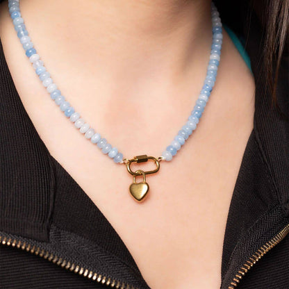 Stainless Steel  Blue Chunky Glass Bead Carabiner Necklace: Gold