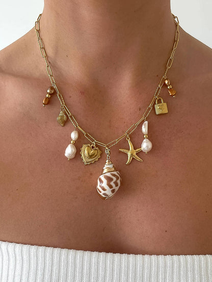 Ophélie 18K Gold Non-Tarnish Shell and Pearl Charm Necklace: Yellow Gold