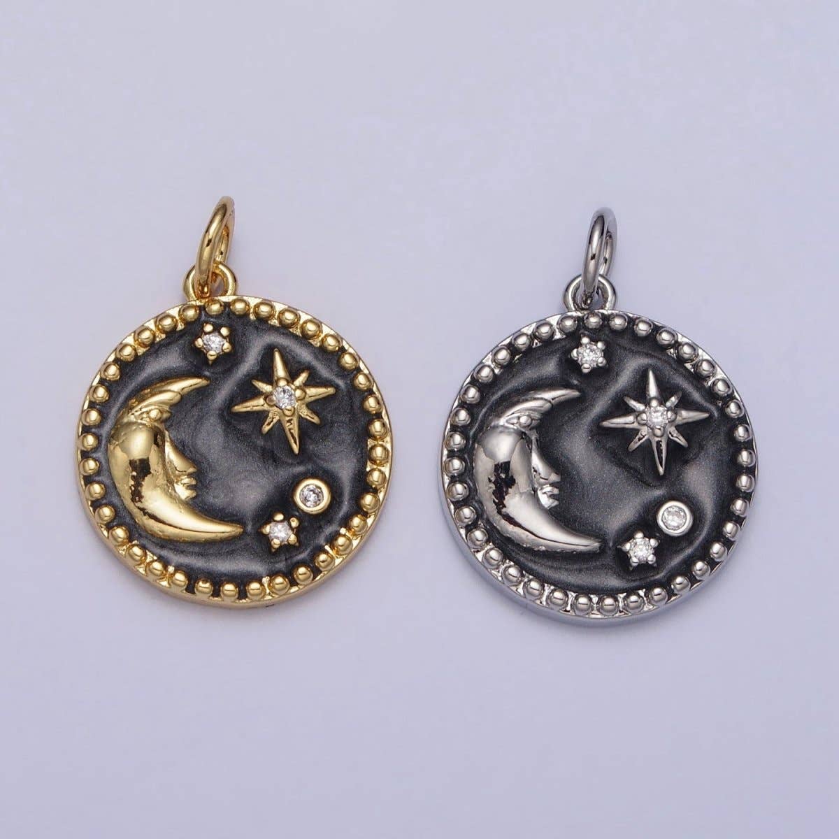 Celestial Crescent Moon Stars Round Black Enamel Charm in Gold & Silver | AC254 AC255: Silver