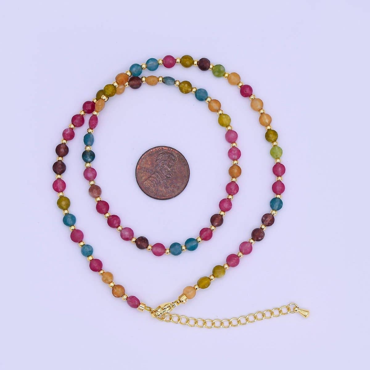 24K Gold Filled 4.5mm Multicolor Natural Gemstone Round Bead 17 Inch Necklace | WA-3151