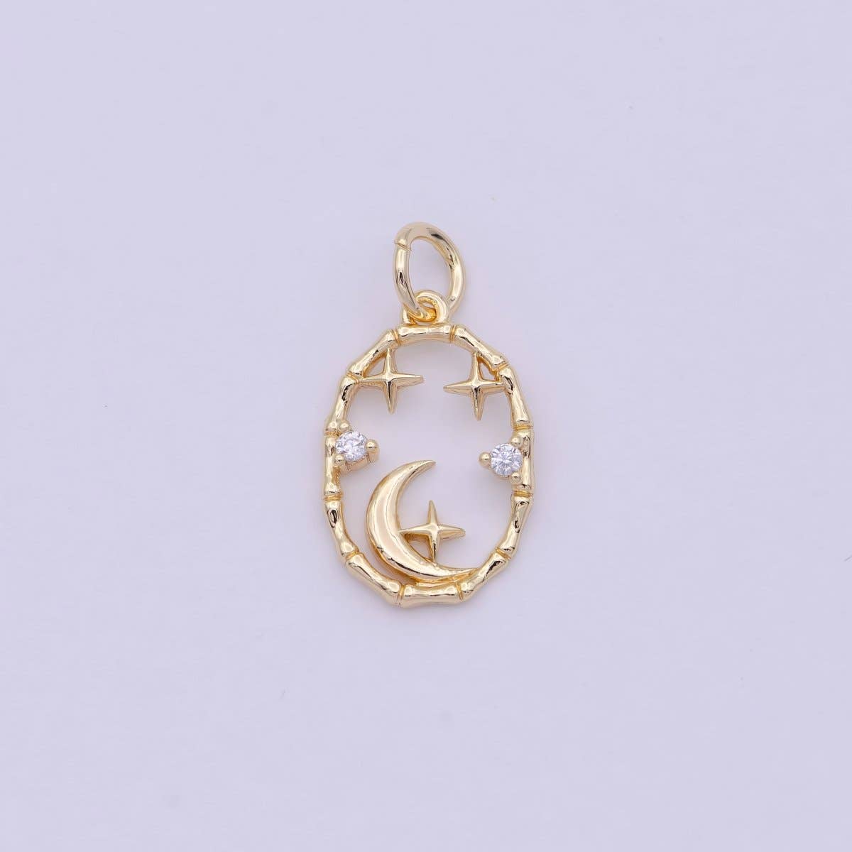 16K Gold Filled Celestial Crescent Moon Stars CZ Open Oval Charm in Gold & Silver N-247 AC-275: Gold