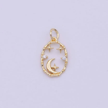 16K Gold Filled Celestial Crescent Moon Stars CZ Open Oval Charm in Gold & Silver N-247 AC-275: Gold