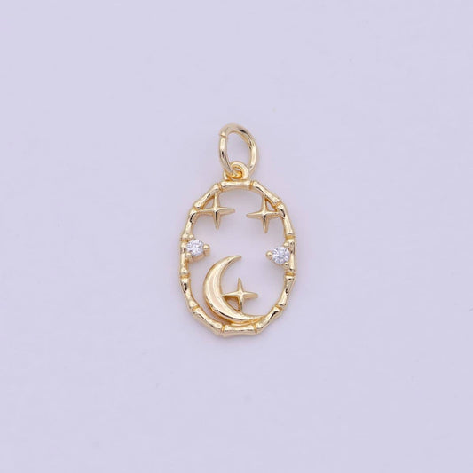 16K Gold Filled Celestial Crescent Moon Stars CZ Open Oval Charm in Gold & Silver N-247 AC-275: Gold