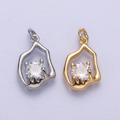 Gold, Silver Abstract Molten Drip Round Clear CZ Cubic Zirconia Charm | AC243 AC244: Silver
