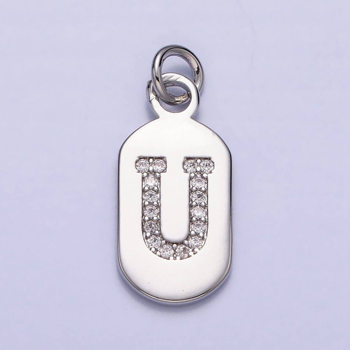 Silver Rectangular Tag CZ Clear Micro Paved Personalized Initial Alphabet Name Tag Charm | A-A1887-A-A1899: ALL INITIAL
