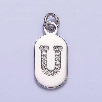 Silver Rectangular Tag CZ Clear Micro Paved Personalized Initial Alphabet Name Tag Charm | A-A1887-A-A1899: ALL INITIAL