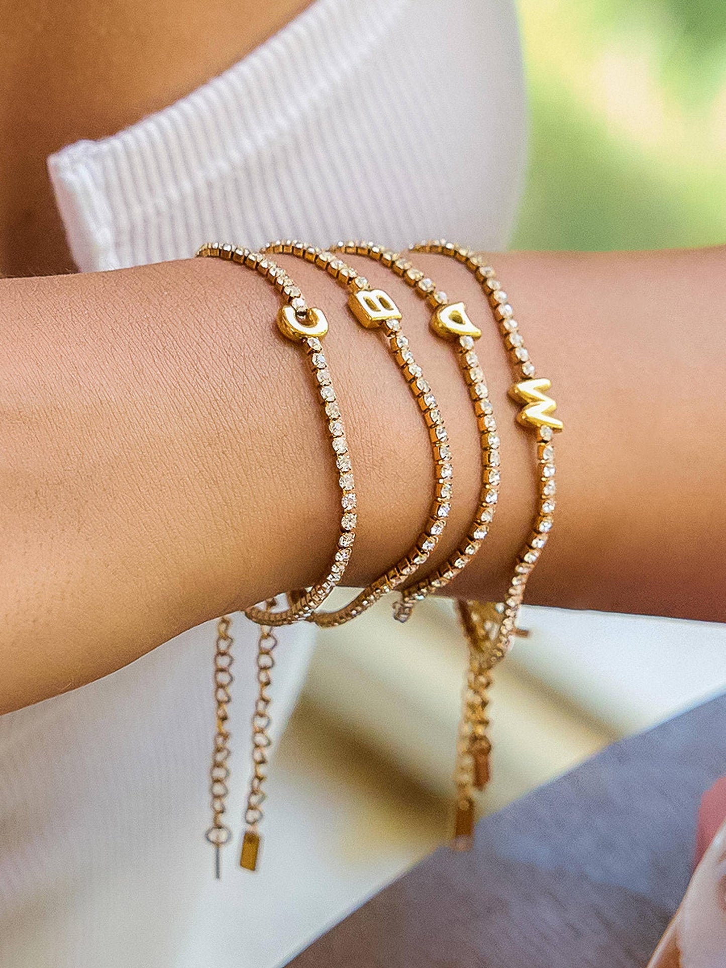 Chaplin 18K Gold Non-Tarnish Rhinestone Letter Bracelet: Yellow Gold / C