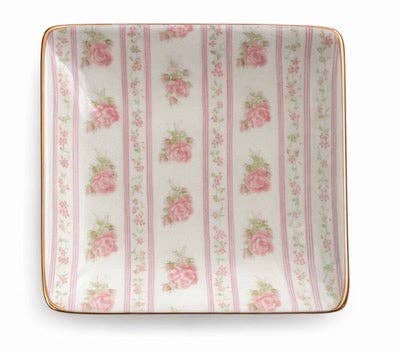Ceramic Jewelry Trinket Tray with Gold Rim – 4” Square Catchall Dish: Pink Dreams