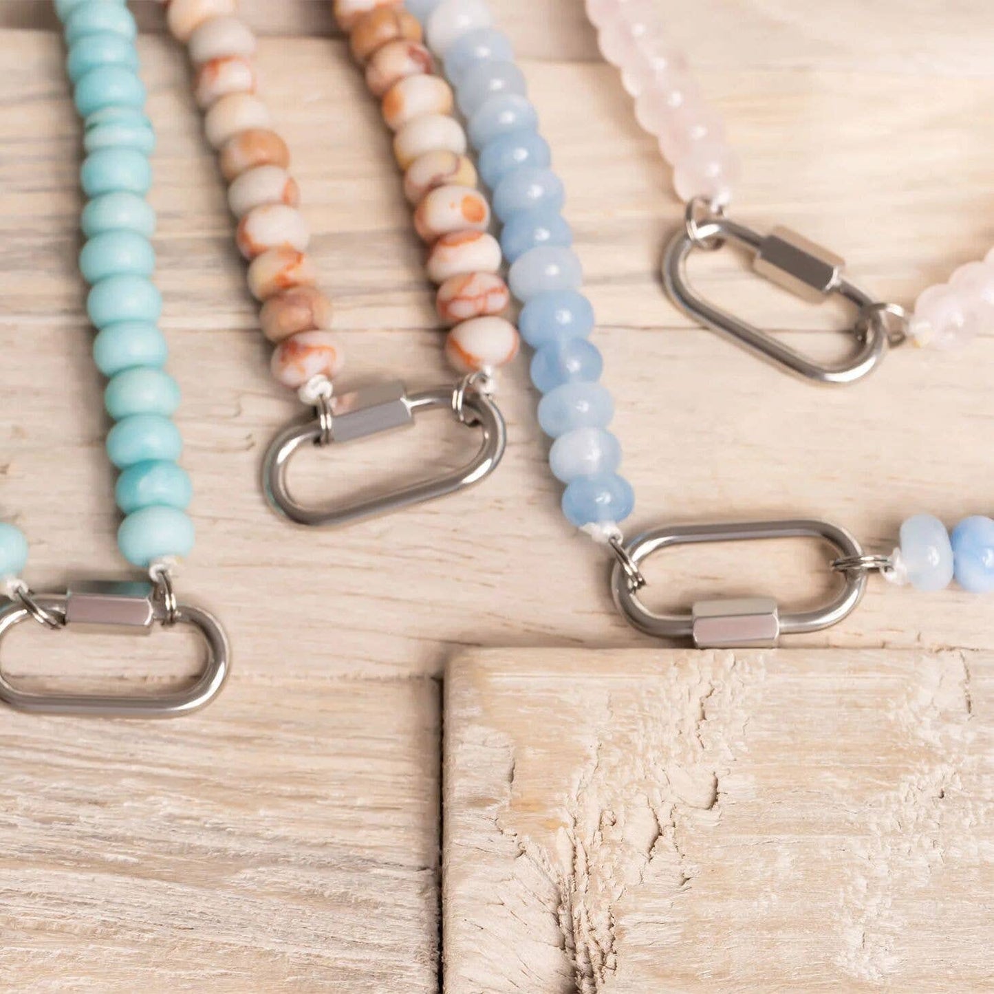 Stainless Steel Turquoise Chunky Bead Carabiner Necklace: Gold