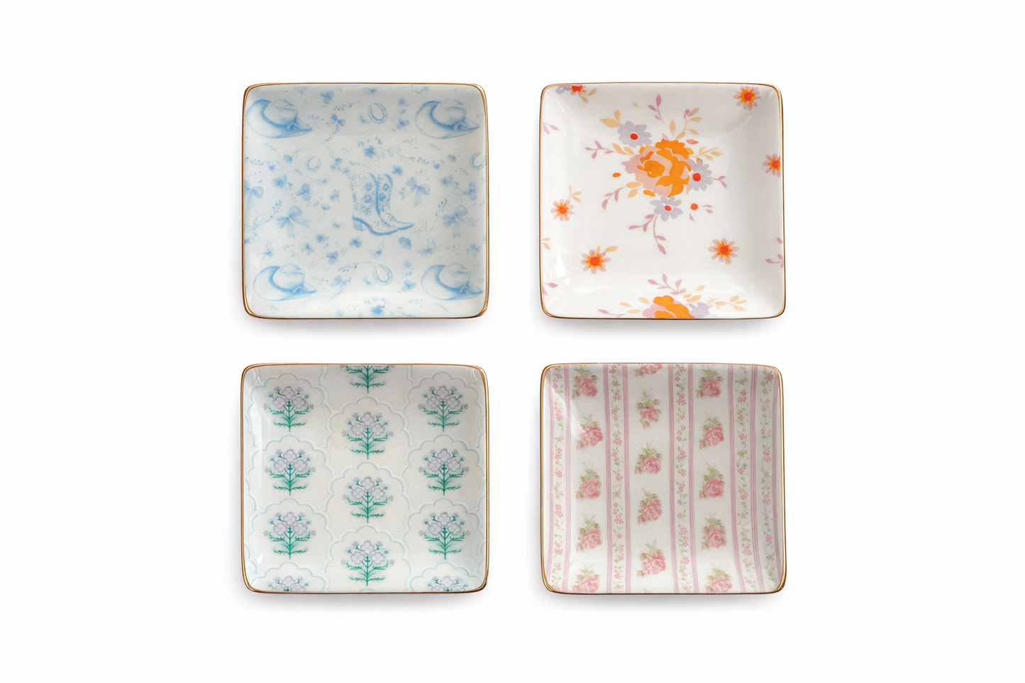 Ceramic Jewelry Trinket Tray with Gold Rim – 4” Square Catchall Dish: Pink Dreams