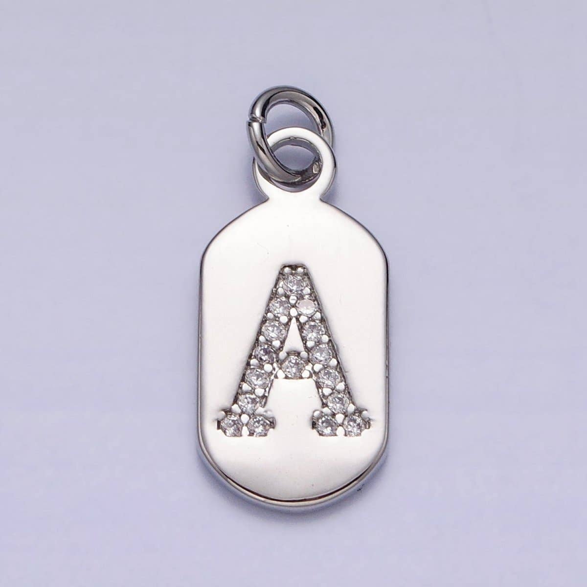 Silver Rectangular Tag CZ Clear Micro Paved Personalized Initial Alphabet Name Tag Charm | A-A1887-A-A1899: ALL INITIAL