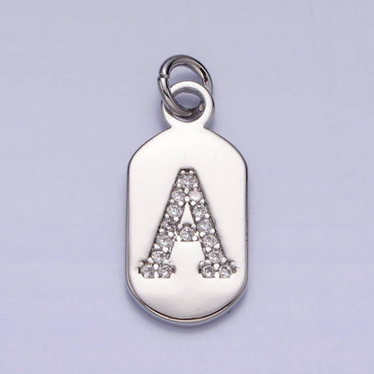Silver Rectangular Tag CZ Clear Micro Paved Personalized Initial Alphabet Name Tag Charm | A-A1887-A-A1899: ALL INITIAL
