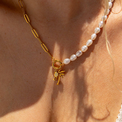 Freshwater Pearl Paperclip Split Chain Charm Holder Necklace: Stainless