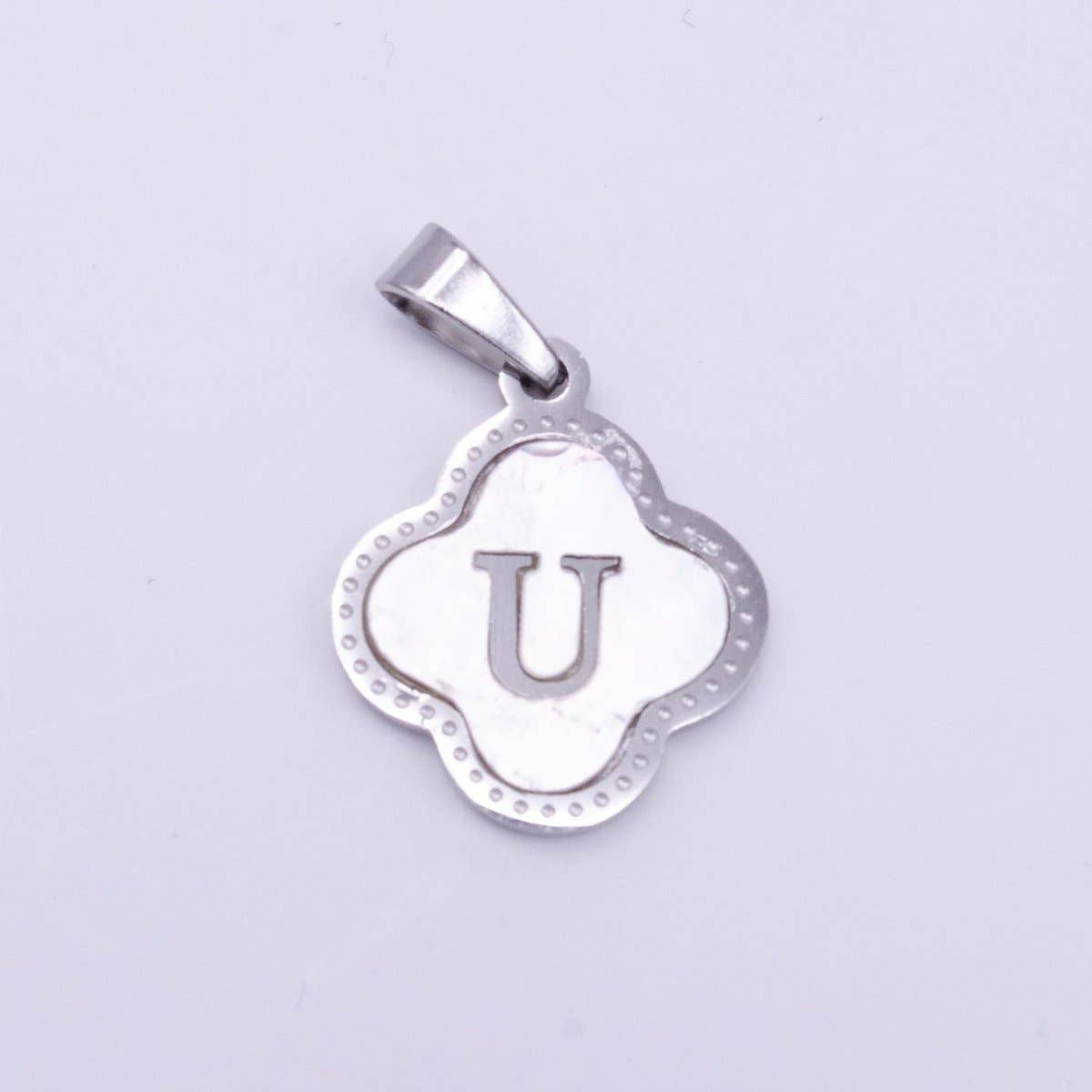 Stainless Steel A-Z Initial Letter Shell Pearl Quatrefoil Clover Silver Pendant Lucky Charm | A-754-A-766: ALL INITIAL