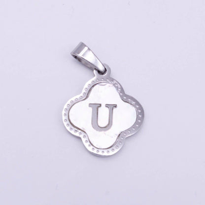 Stainless Steel A-Z Initial Letter Shell Pearl Quatrefoil Clover Silver Pendant Lucky Charm | A-754-A-766: ALL INITIAL