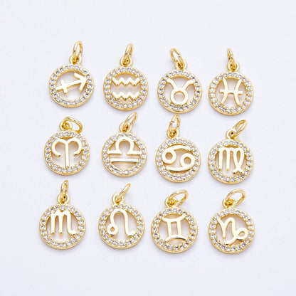 16K Gold Filled 13.5mm Micro Paved CZ Personalized Zodiac Sign Charm | Charms-00223 ~ Charms-00234: Zodiac Set