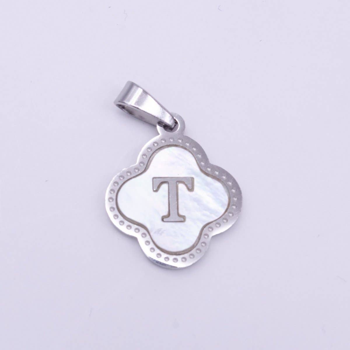 Stainless Steel A-Z Initial Letter Shell Pearl Quatrefoil Clover Silver Pendant Lucky Charm | A-754-A-766: ALL INITIAL