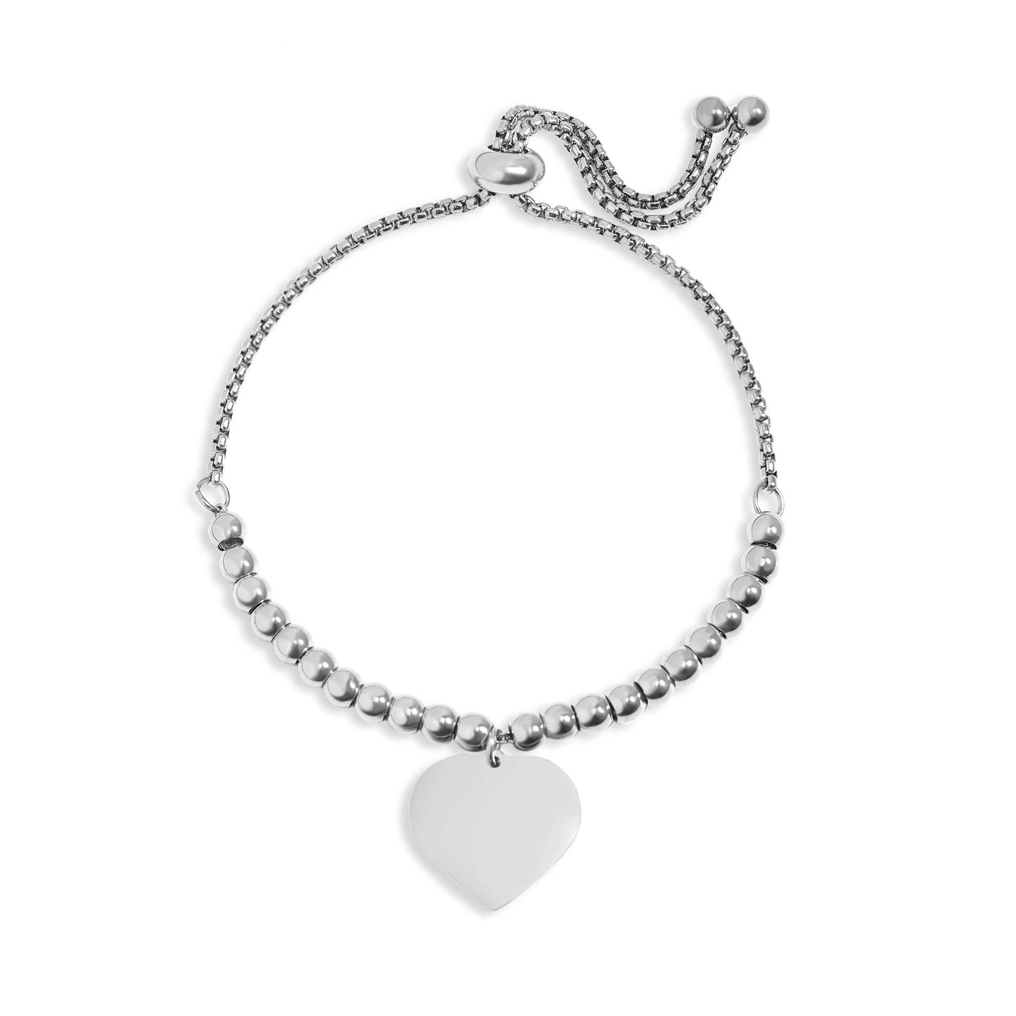 Stainless Steel Adjustable Engravable Heart Beaded Bracelet: Gold