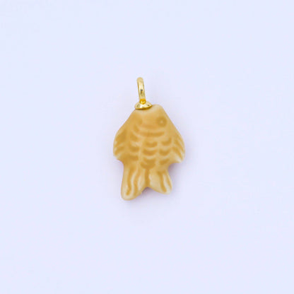 24K Gold Filled 25mm Orange, Red, Yellow, Blue, Green, Teal Fish Ceramic Porcelain Drop Charm | C960 - C963: Green