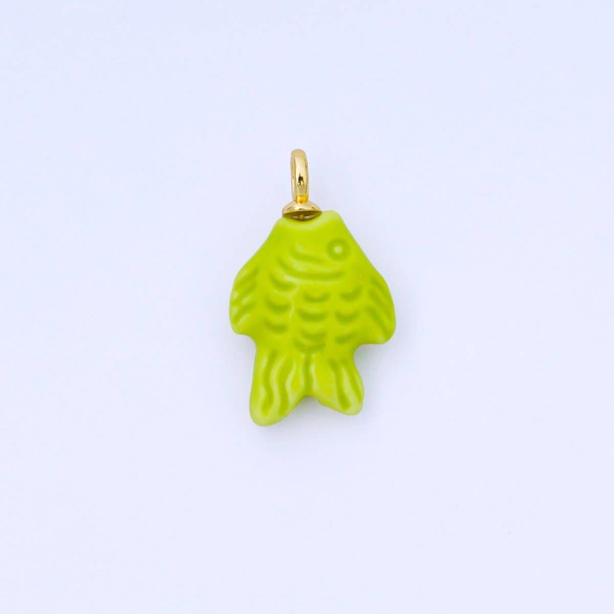 24K Gold Filled 25mm Orange, Red, Yellow, Blue, Green, Teal Fish Ceramic Porcelain Drop Charm | C960 - C963: Green