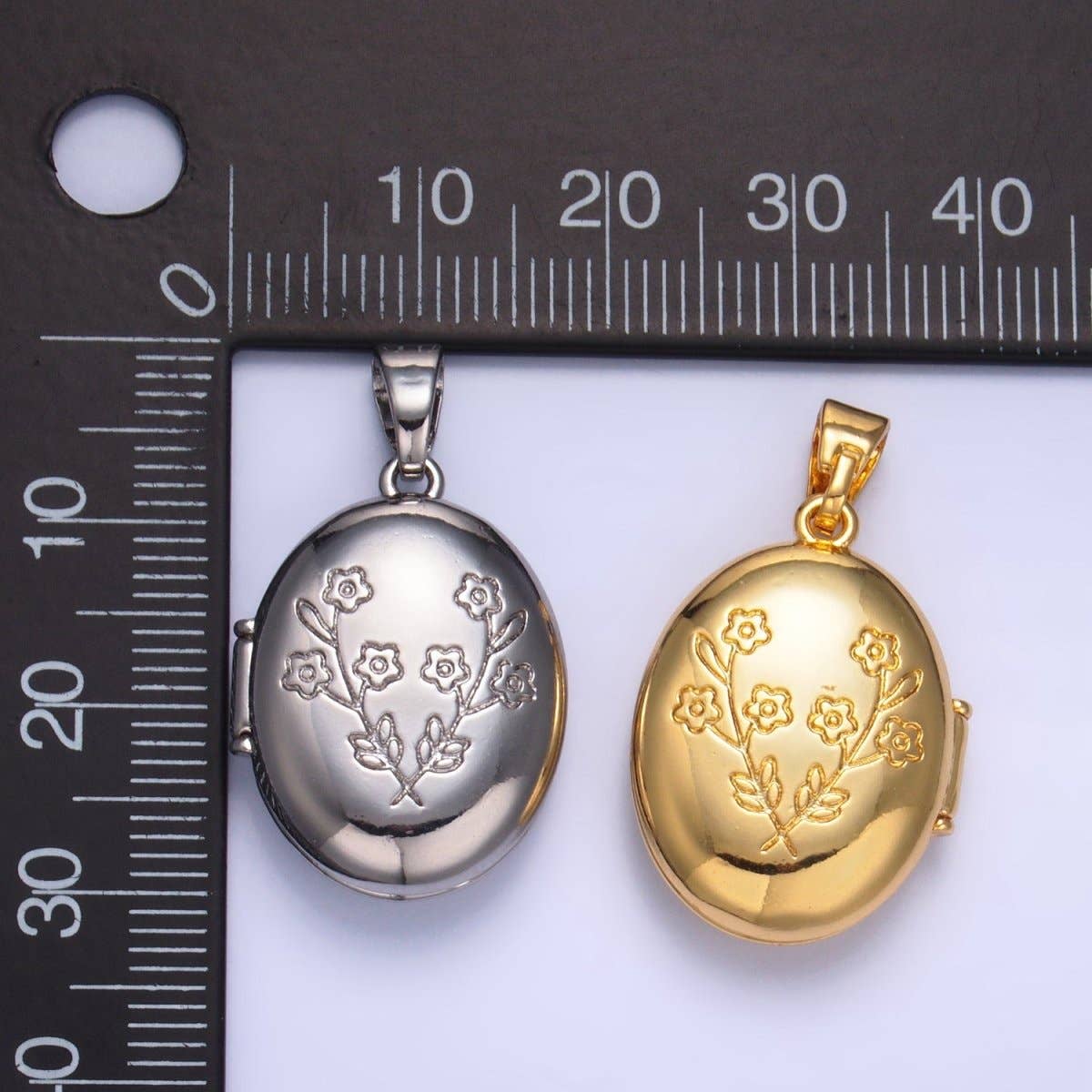 24K Gold Filled Dual Flower Engraved Oval Locket Pendant in Gold & Silver | AA1007: Silver