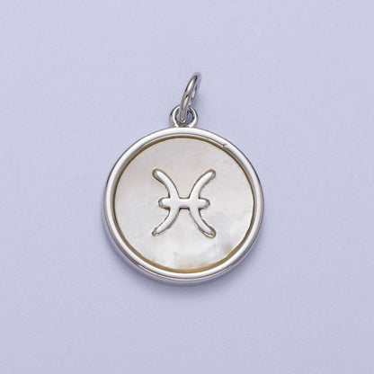 White Gold Filled Zodiac Signs Shell Pearl Round Coin Astrology Horoscope Silver Charm | A-A1731-A-A1736: Pisces