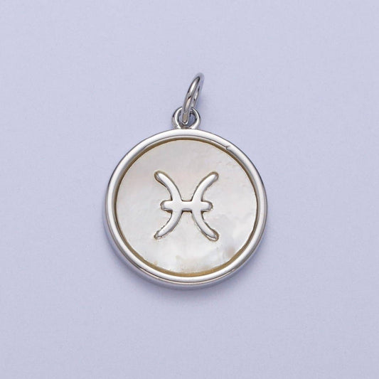 White Gold Filled Zodiac Signs Shell Pearl Round Coin Astrology Horoscope Silver Charm | A-A1731-A-A1736: Pisces