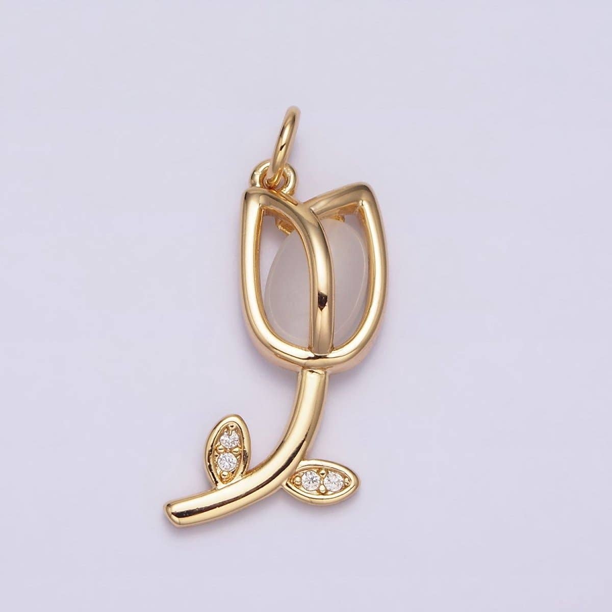 16K Gold Filled Flower Tulip Rose White, Blue, Pink Cat Eye Cabochon Charm in Gold & Silver | AC1073 - AC1078: Blue / Silver