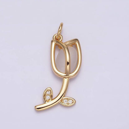 16K Gold Filled Flower Tulip Rose White, Blue, Pink Cat Eye Cabochon Charm in Gold & Silver | AC1073 - AC1078: Blue / Silver