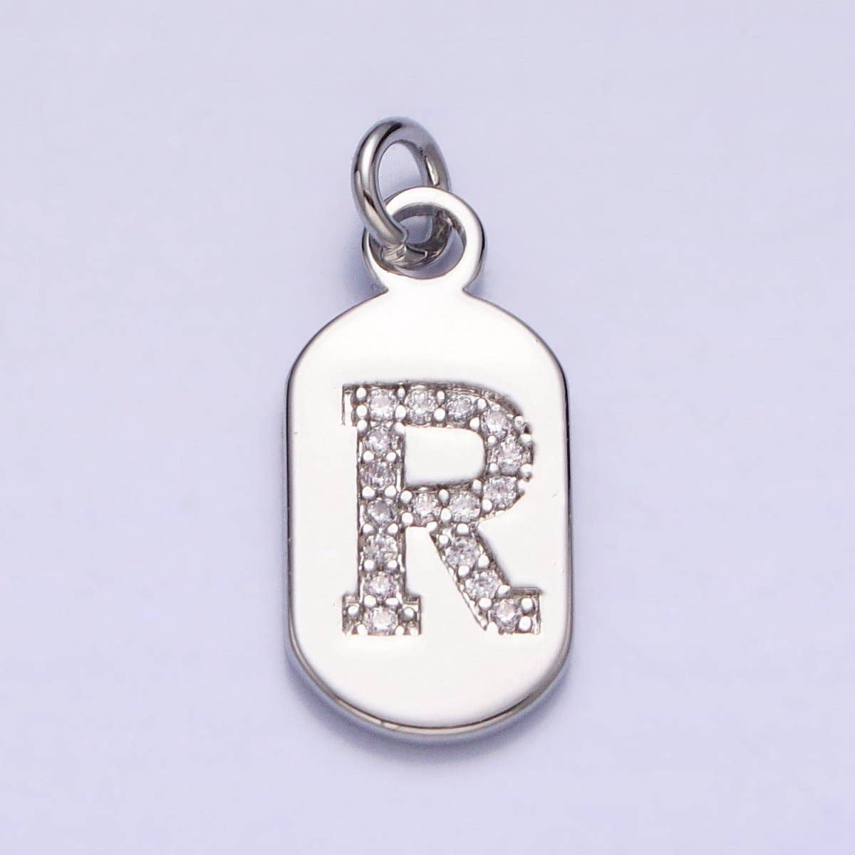 Silver Rectangular Tag CZ Clear Micro Paved Personalized Initial Alphabet Name Tag Charm | A-A1887-A-A1899: ALL INITIAL