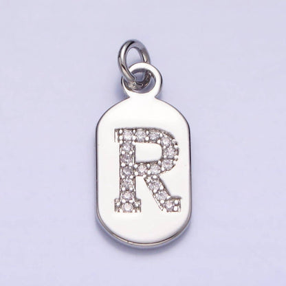 Silver Rectangular Tag CZ Clear Micro Paved Personalized Initial Alphabet Name Tag Charm | A-A1887-A-A1899: ALL INITIAL
