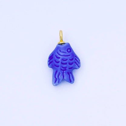 24K Gold Filled 25mm Orange, Red, Yellow, Blue, Green, Teal Fish Ceramic Porcelain Drop Charm | C960 - C963: Red