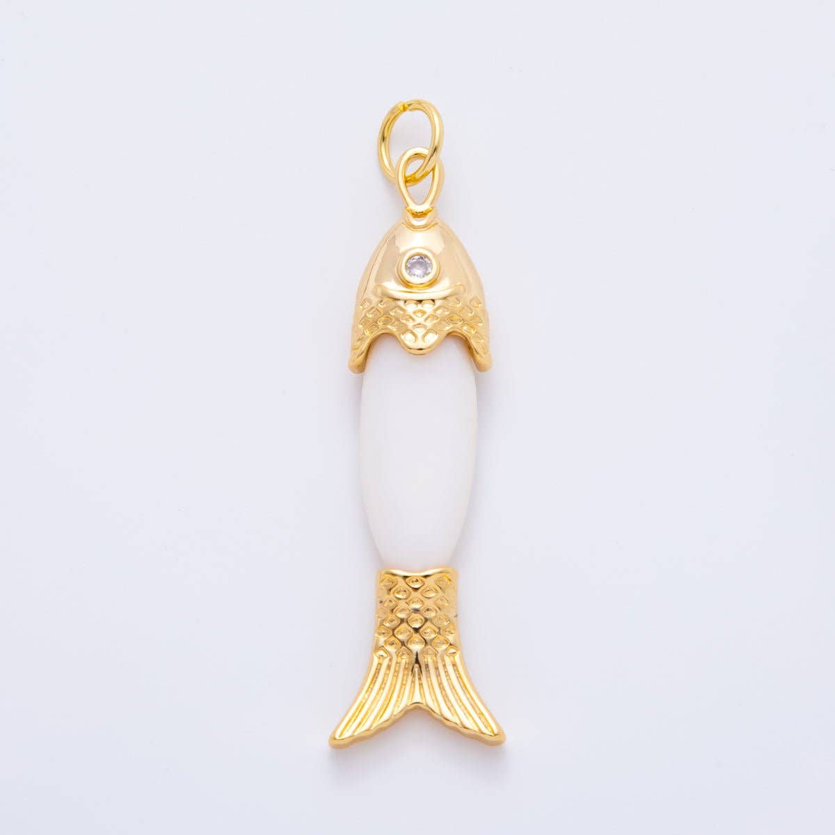 18K Gold Filled 60mm Round Clear CZ Shell Pearl Fish Drop Dangle Charm| AH-925