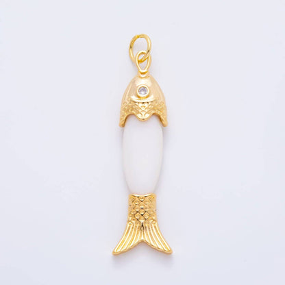 18K Gold Filled 60mm Round Clear CZ Shell Pearl Fish Drop Dangle Charm| AH-925