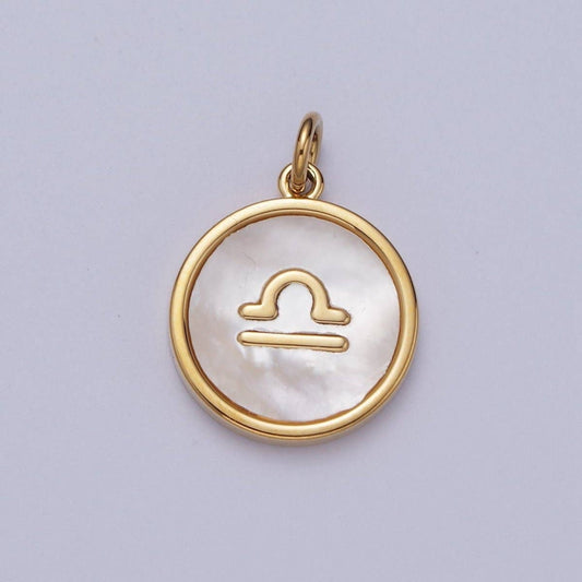 24K Gold Filled Zodiac Signs Shell Pearl Round Coin Charm Astrology Jewelry Making | A-A1367-A-A1372: Libra