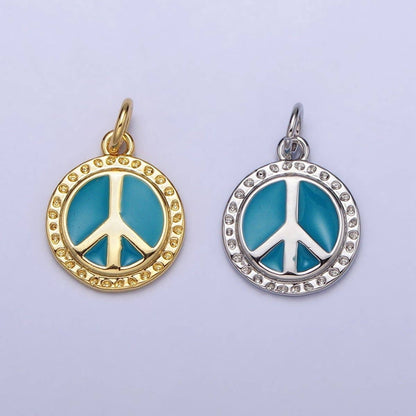 16K Gold Filled Teal Enamel Peace Symbol Round Add-On Charm | AC1284 AC1285: Silver