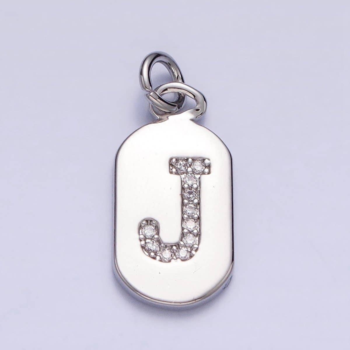 Silver Rectangular Tag CZ Clear Micro Paved Personalized Initial Alphabet Name Tag Charm | A-A1887-A-A1899: ALL INITIAL