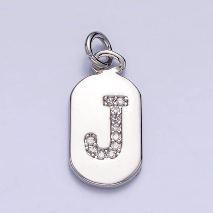 Silver Rectangular Tag CZ Clear Micro Paved Personalized Initial Alphabet Name Tag Charm | A-A1887-A-A1899: ALL INITIAL