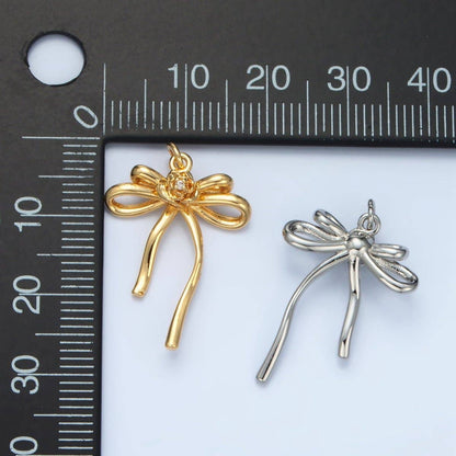 24K Gold Filled Rose Flower Ribbon Bow Multidimensional Charm in Gold & Silver | E373: Silver