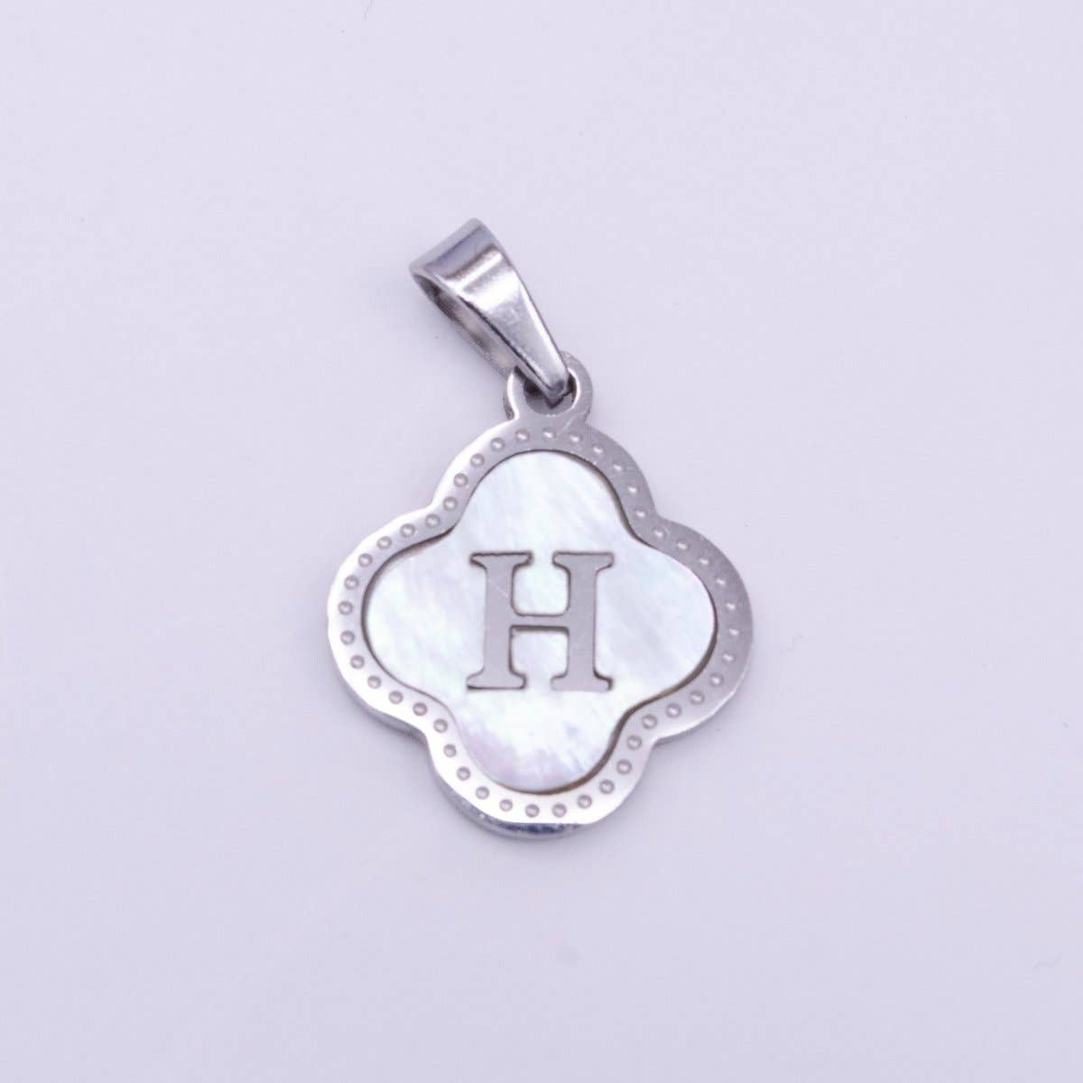 Stainless Steel A-Z Initial Letter Shell Pearl Quatrefoil Clover Silver Pendant Lucky Charm | A-754-A-766: ALL INITIAL