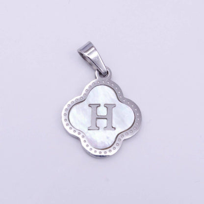 Stainless Steel A-Z Initial Letter Shell Pearl Quatrefoil Clover Silver Pendant Lucky Charm | A-754-A-766: ALL INITIAL