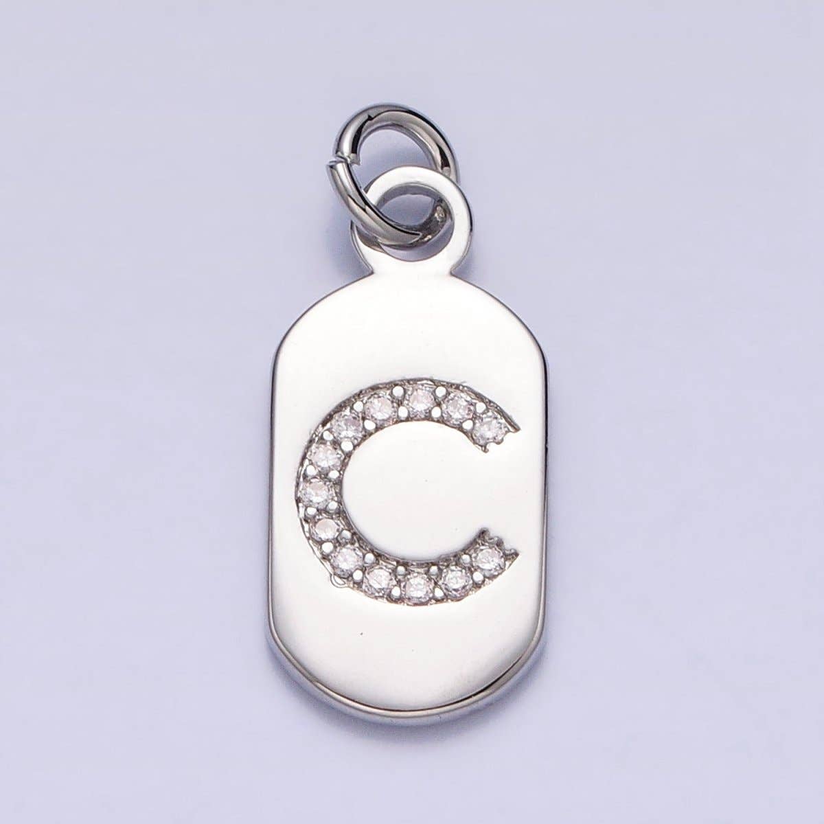 Silver Rectangular Tag CZ Clear Micro Paved Personalized Initial Alphabet Name Tag Charm | A-A1887-A-A1899: ALL INITIAL