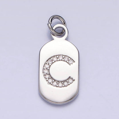 Silver Rectangular Tag CZ Clear Micro Paved Personalized Initial Alphabet Name Tag Charm | A-A1887-A-A1899: ALL INITIAL