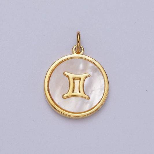 24K Gold Filled Zodiac Signs Shell Pearl Round Coin Charm Astrology Jewelry Making | A-A1367-A-A1372: Gemini