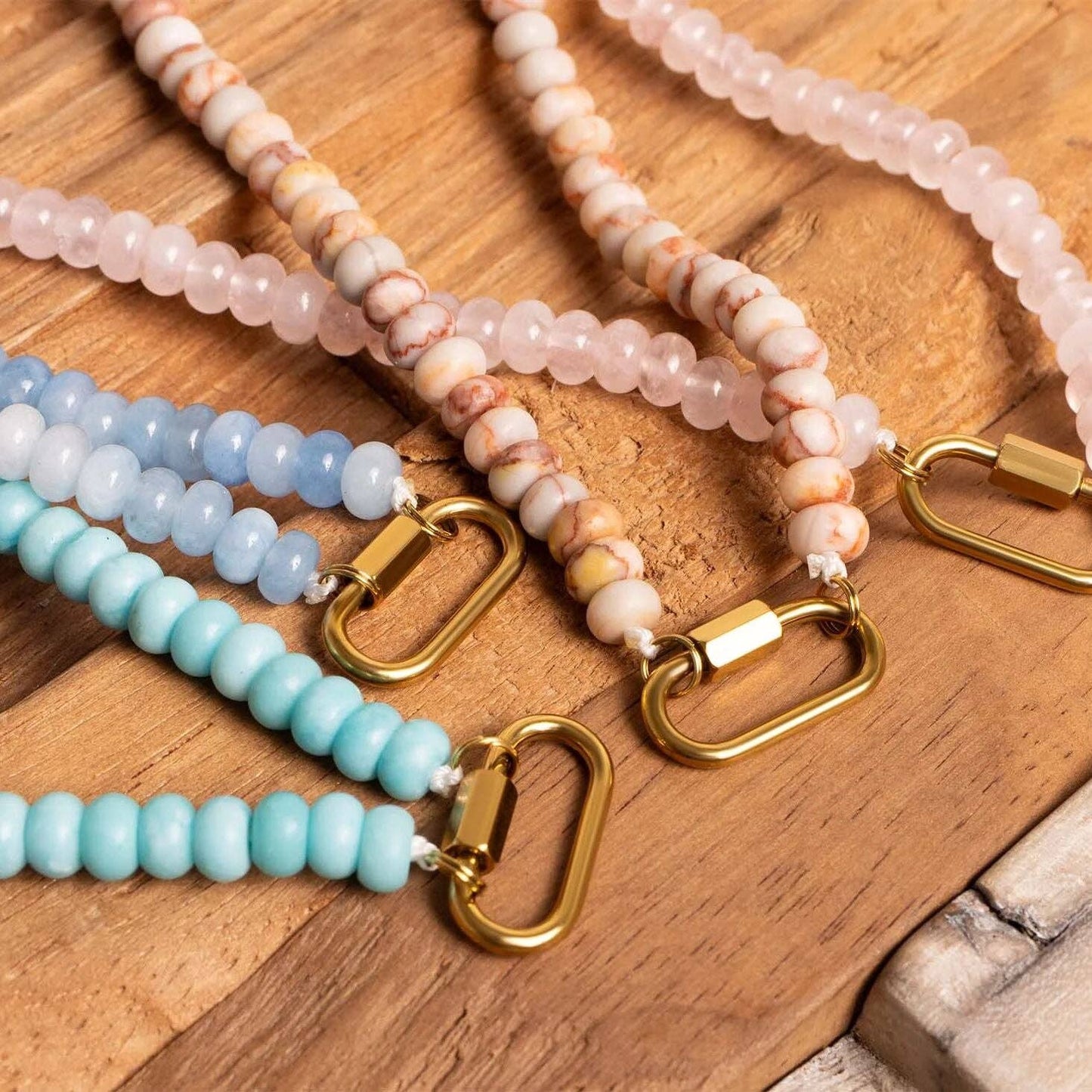 Stainless Steel  Blue Chunky Glass Bead Carabiner Necklace: Gold