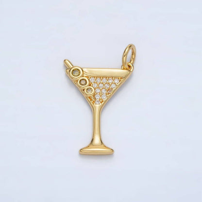 14K Gold Filled Micro Paved CZ Mini Martini Alcohol Drinks Charm in Gold & Silver | M502: Silver