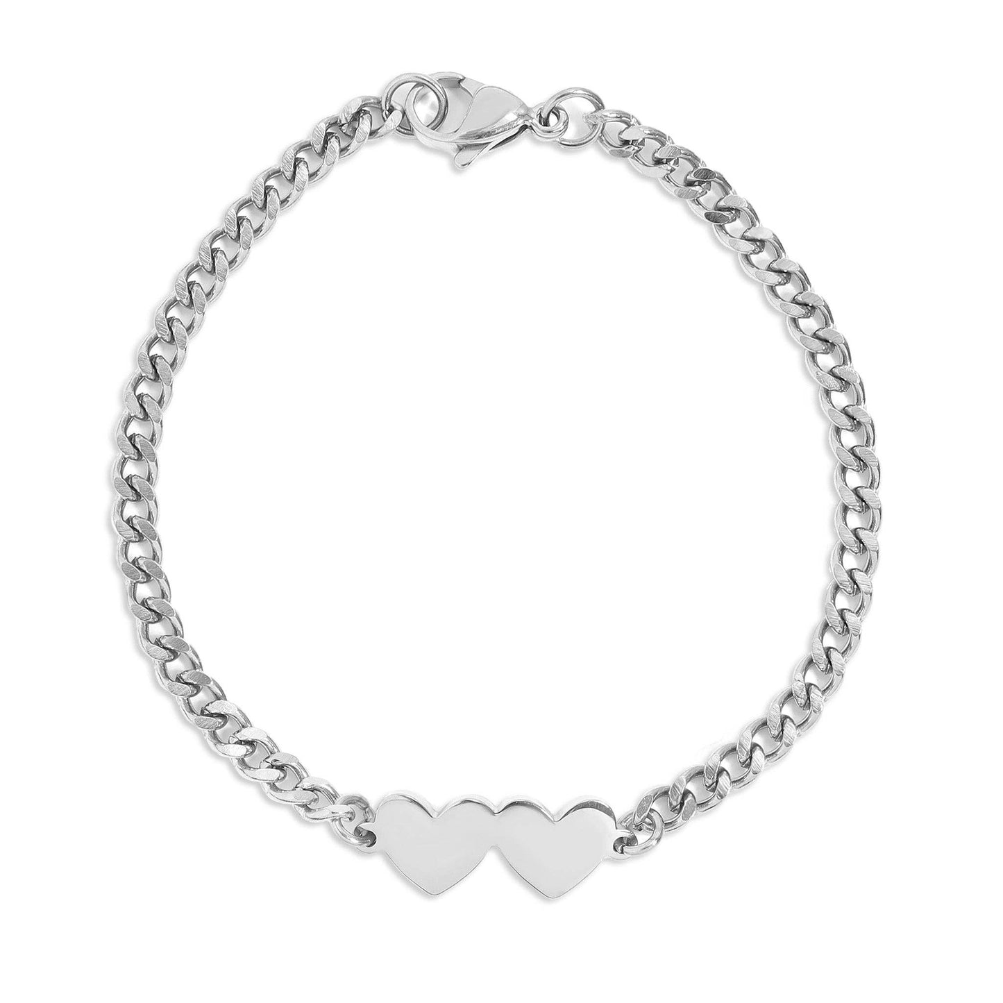 18K Gold PVD Stainless Steel Engravable 2 Hearts on Curb Chain Bracelet: Stainless