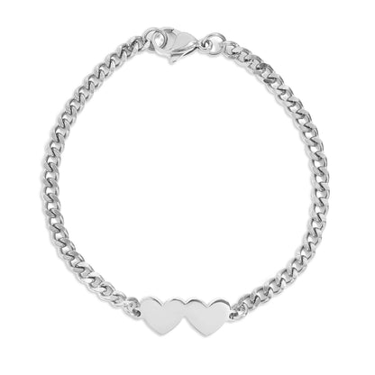 18K Gold PVD Stainless Steel Engravable 2 Hearts on Curb Chain Bracelet: Stainless