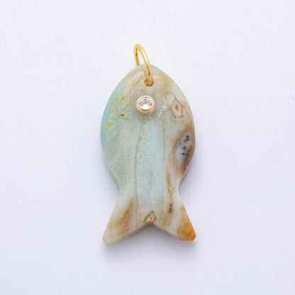 18K Gold Filled 38.8mm Clear CZ Natural Gemstone Fish Charm | D265 - D533: Lapis Lazuli
