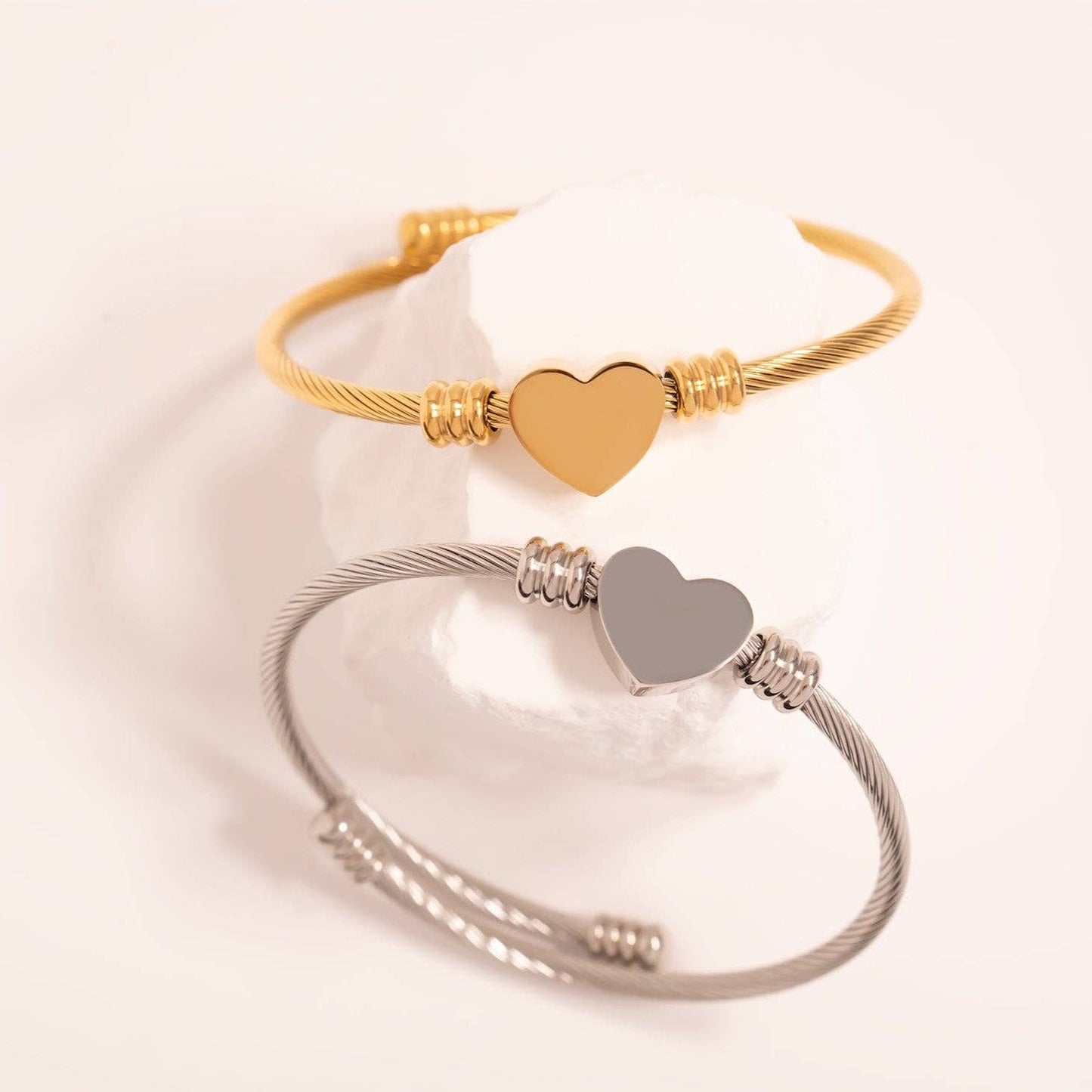 18K Gold PVD Stainless Steel Engravable Heart Cuff Bracelet: Gold